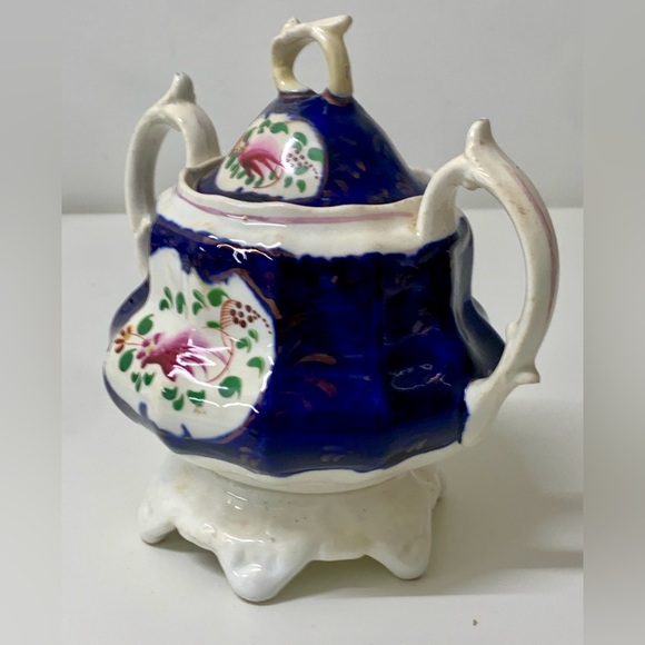 19th Century Vintage Gaudy Welsh Feather Pattern Handled Lidded Sugar Bowl - Picture 11 of 16